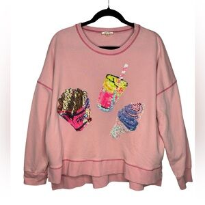 Oddy Boxy Pullover Sweatshirt Sequined French Fries Drink Ice Cream Appliques LG
